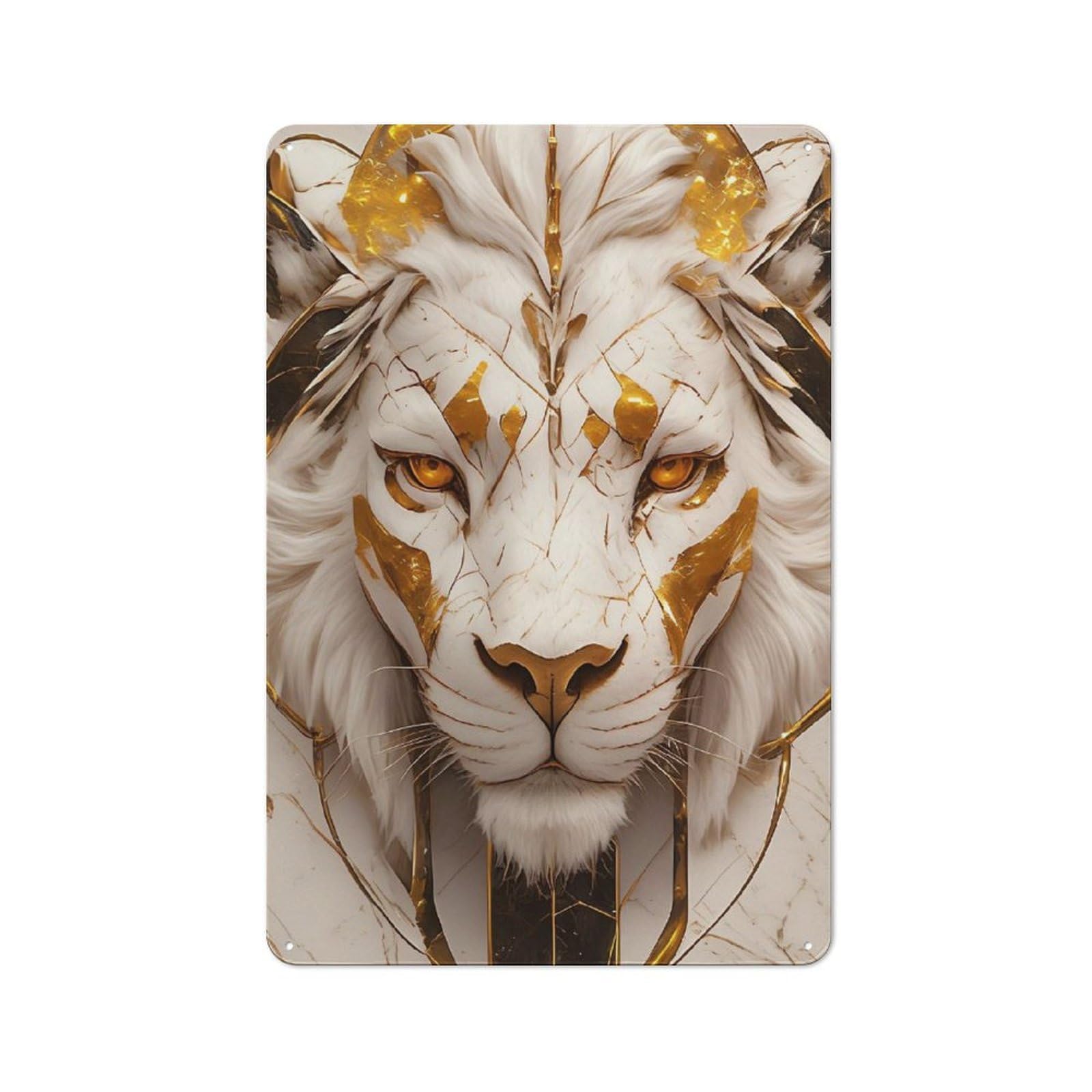 Junmoney Style-12 Tin Wall Plaque 30X20cm With White And Gold Lion Portrait For Hallway Wall, Suited To Hallway Decor Lovers, For Retro Home Interiors