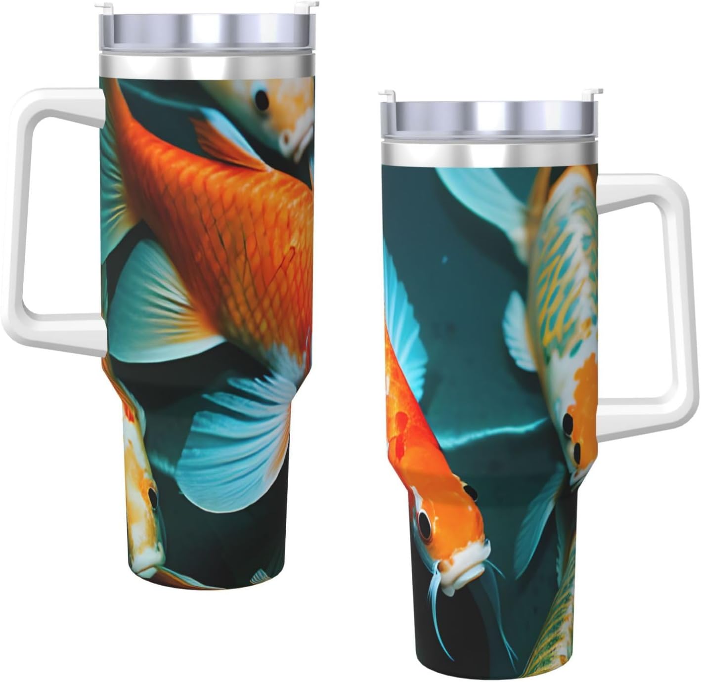 40 OZ HD Koi Fish Print Ice Bully Cup with Handle Straw Lid Straw,Stainless Steel Tumbler Coffee Cup