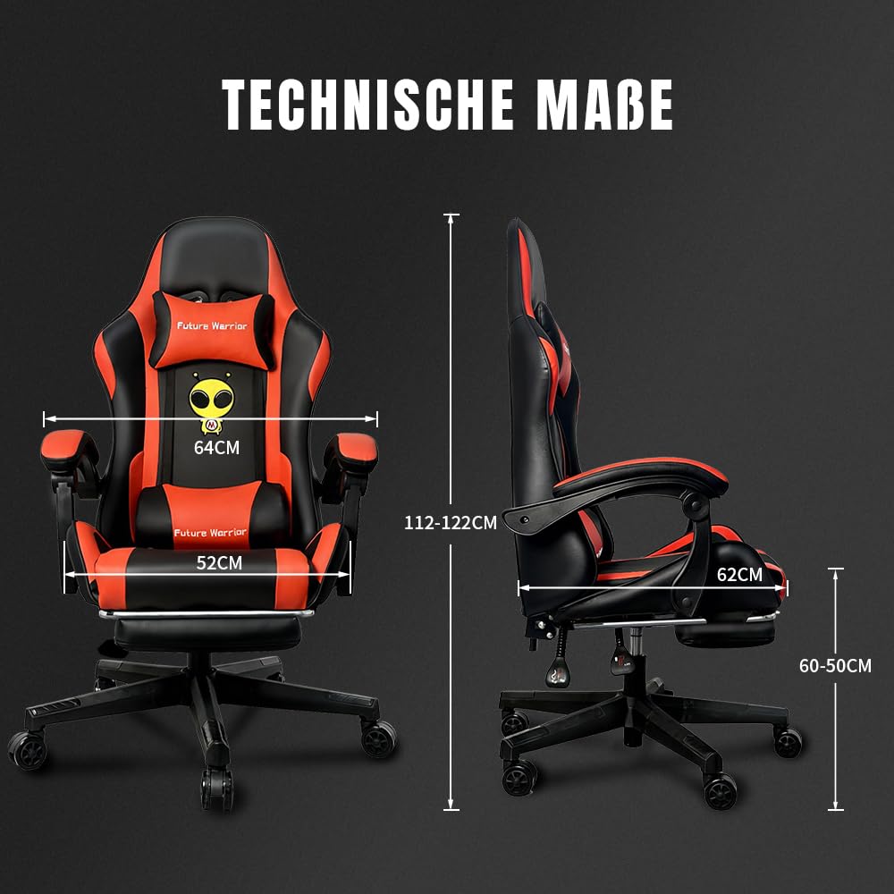 Sedia da gioco ergonomica con poggiapiedi, poggiatesta e supporto lombare, regolabile in altezza, sedia da gioco imbottita, sedia girevole per PC, colore nero (nero-rosso)