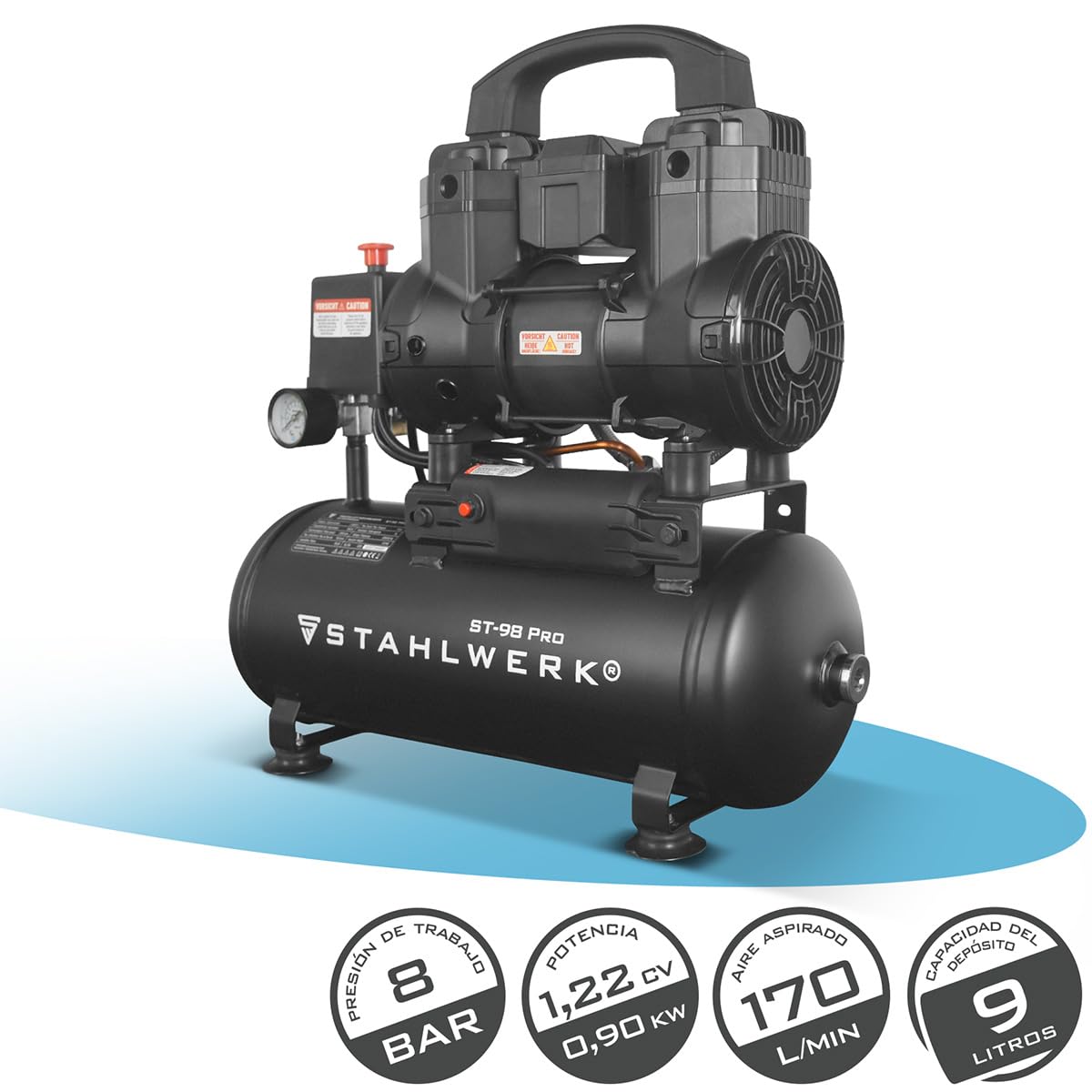 STAHLWERK Compresor con tanque de 9 L (ST-98 Pro) – sin aceite y silencioso, 8 bar, compresor de aire con motores sin escobillas, 1,22 CV, 0,90 kW, 170 l/min, compresor de pistón silencioso