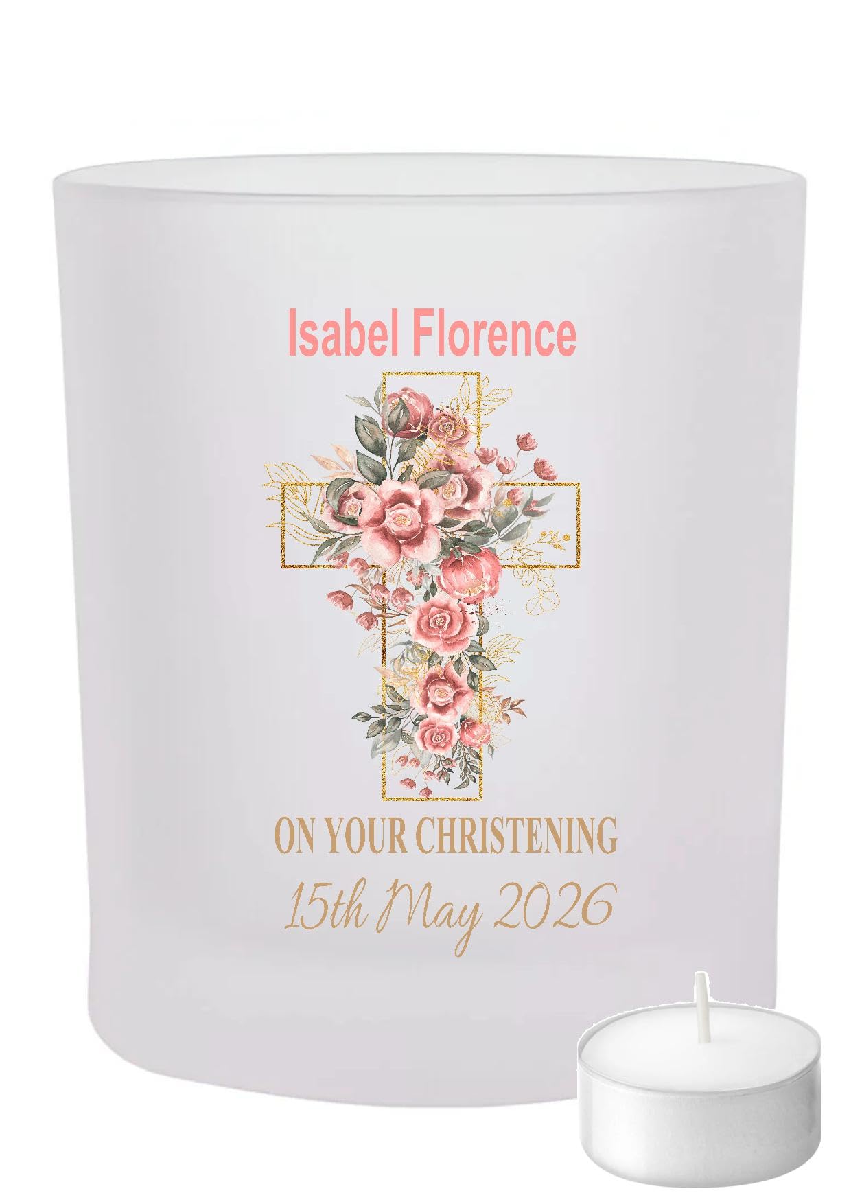 Personalised Christening Tea Light Holder, Frosted Glass, Floral Cross Design, Baptism & Religious Keepsake Gift