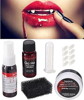 Go Ho Vampire Blood and Fangs Makeup Kit,4 Pairs Vampire Teeth Costume 4 Size Fake Teeth,1 Fake Blood Spray,1 Stage Blood,1 Coagulated Blood Gel and 1 Sponges for Halloween Vampire Cosplay Makeup