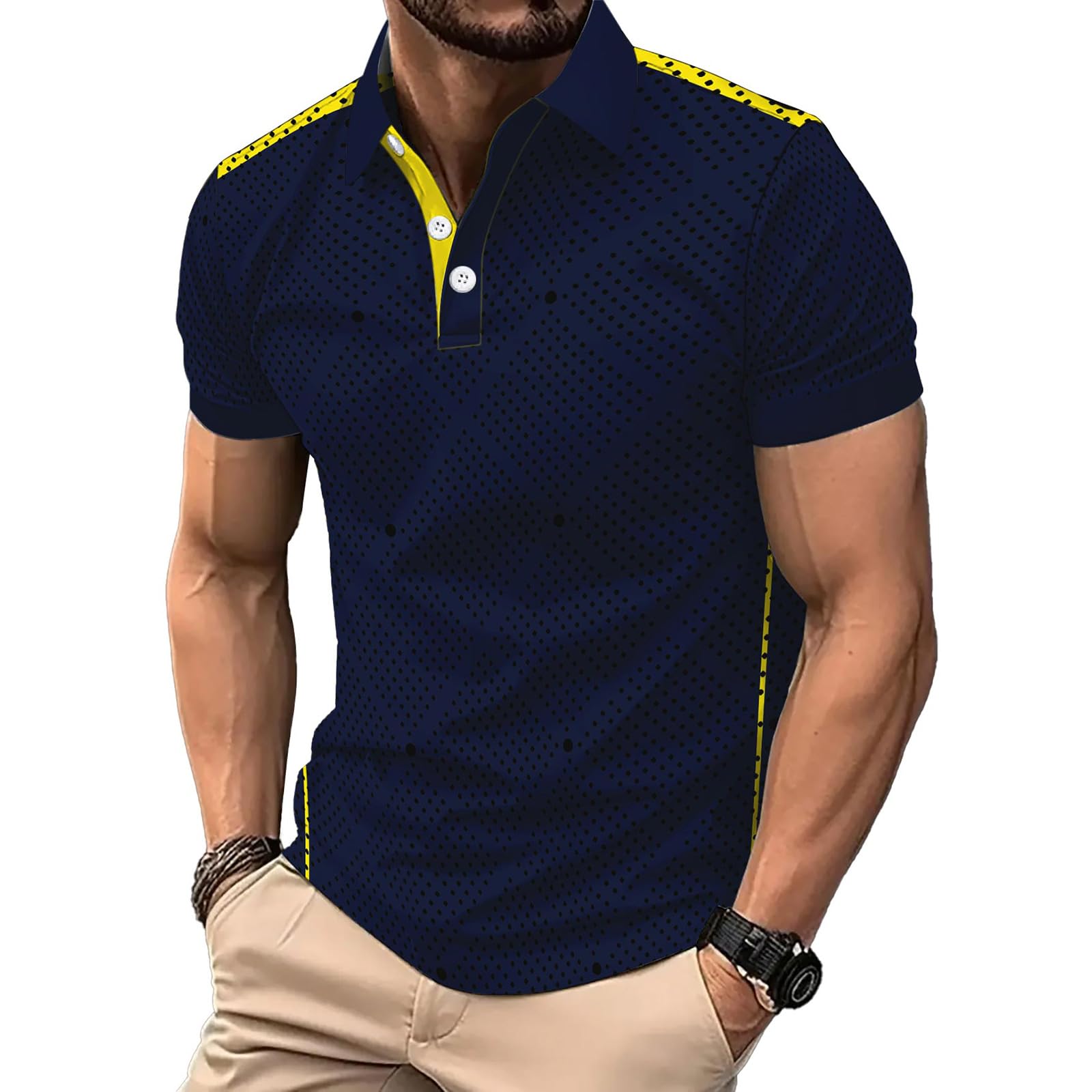 DEEX 2XL Navy Blue Men's Polo Shirts Short Sleeve 2026 Casual Polo T Shirt Color Block Slim Fit Summer Collared Golf Shirts