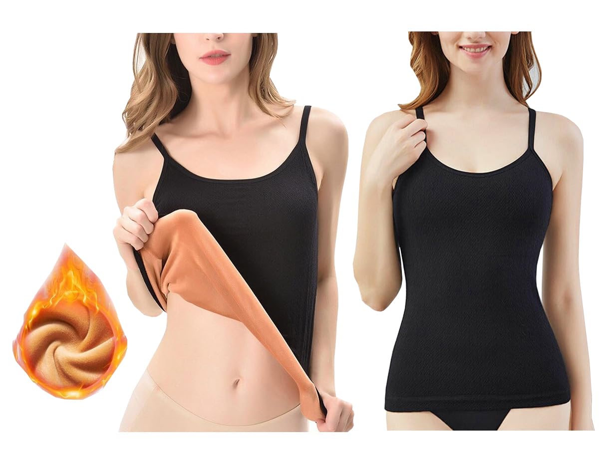 Pack of 2 Women's Thermal Underwear Tops Thicken Plus Velvet Camisole Apricot Sexy Stretchy Slim-Fit Body Shaper Vest Shirt (Free Size) (Bust Size : 66 to 130 CM)-image-8