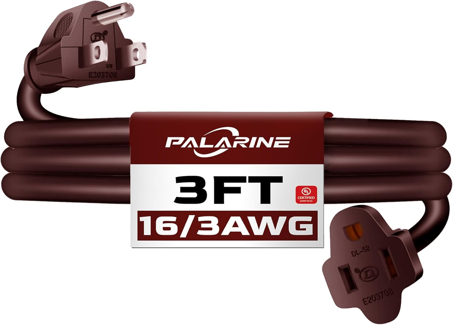 3ft Brown Extension Cord Waterproof, UL Listed, 16/3 SJTW Heavy Duty 3 Prong, 16 Gauge 13A Power Cord Ideal for Lights, Appliances, and Lawn