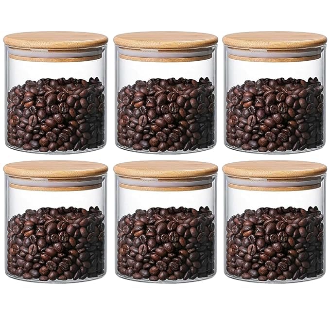 Jinelza 685ML Round Borosilicate Glass Jar With Wooden Lid Storage Container with Airtight Bamboo Lid Food Storage Containers For Coffee, Flour, Sugar, Candy, Spice Storage Jar (685ML JARS, 6 PCS)
