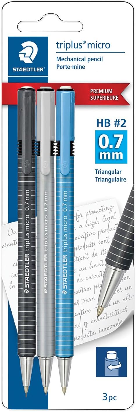 Staedtler triplus micro, Mechanical Pencil with Twist Top Eraser, 3 Pack, for Drafting, Drawing, Engineering, 0.7mm Lead, 77427BK3A6
