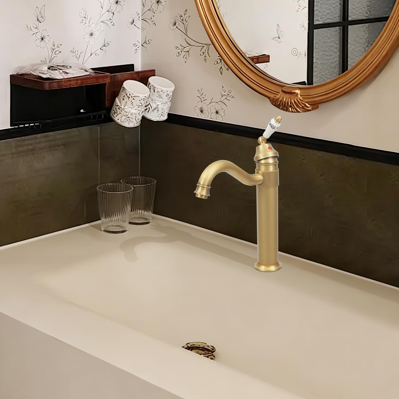 Grifo para lavabo (latón antiguo, un solo orificio, giratorio 360°, para cuarto de baño) | Cartucho de cerámica, denso, duradero, inoxidable, no destiñe, ahorra agua, frío y caliente, listo para montar