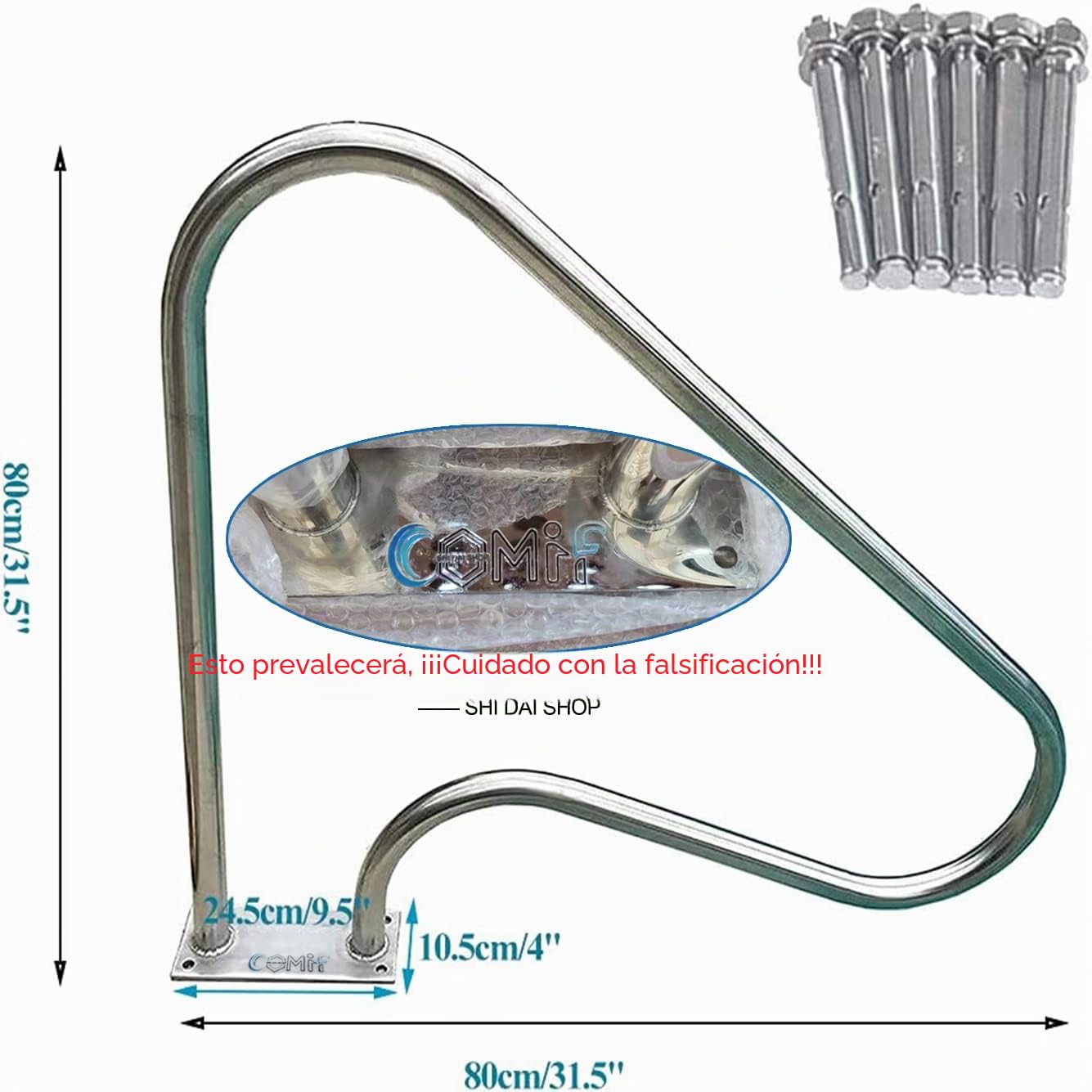 Pasamanos de escalera de piscina para entradas de piscinas en el suelo, acero inoxidable de 3 curvas con placa inferior de liberación rápida (80 x 80 cm) – Pasamanos de piscina al aire libre