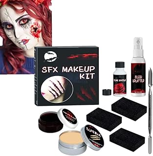 Halloween Sfx Makeup Kit, Contain (Fake Wound Modeling Skin Wax with Spatula, Fake Blood Splatter Spray, Fake Blood Cream, Scab Coagulated Blood Gel, 3 Stipple Sponge), Special Effects Wound Wax