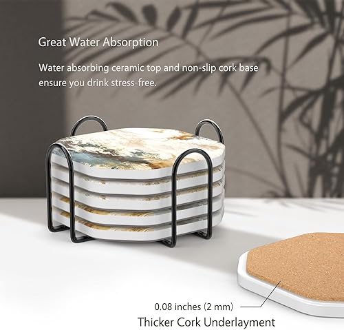 Miniatura 5 de UMIRRO Posavasos de piedra de cerámica absorbentes con soporte para decoración de mesa de café de madera, posavasos de cerámica para bebidas frías o