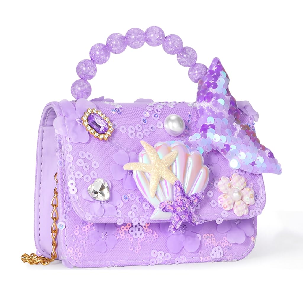 Mermaid Sling Bag for Girls,Fashion Purple Cute Hand Bag for Girls Shoulder Stylish Latest Gifts Kids Age 3-8 Purse Cross Body Woman,14x5x11cm