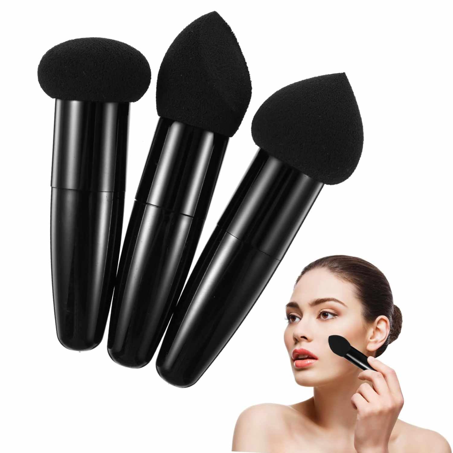 IMAXWAVE Esponjas de maquillaje con mango, Esponjas Cosméticas con Mango, Esponjas de Belleza con Mango, Esponjas con Mango para Aplicación de Maquillaje, Set de 3 esponjas, Negro