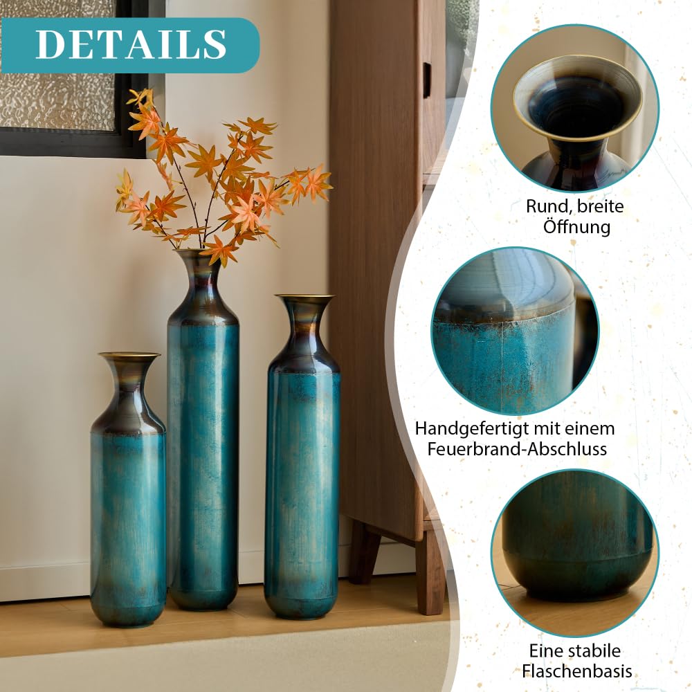 Metallvase 3er Set Vintage Bodenvase Mit Handgebrannter Optik Für Wohnzimmer Flur Und Moderne Wohndeko (Blue+Green + Metal)