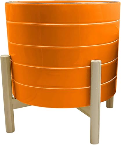 Sagebrook Home Maceta de 10 pulgadas en soporte, maceta de cerámica sobre base de madera, diseño contemporáneo de rayas naranjas y blancas,