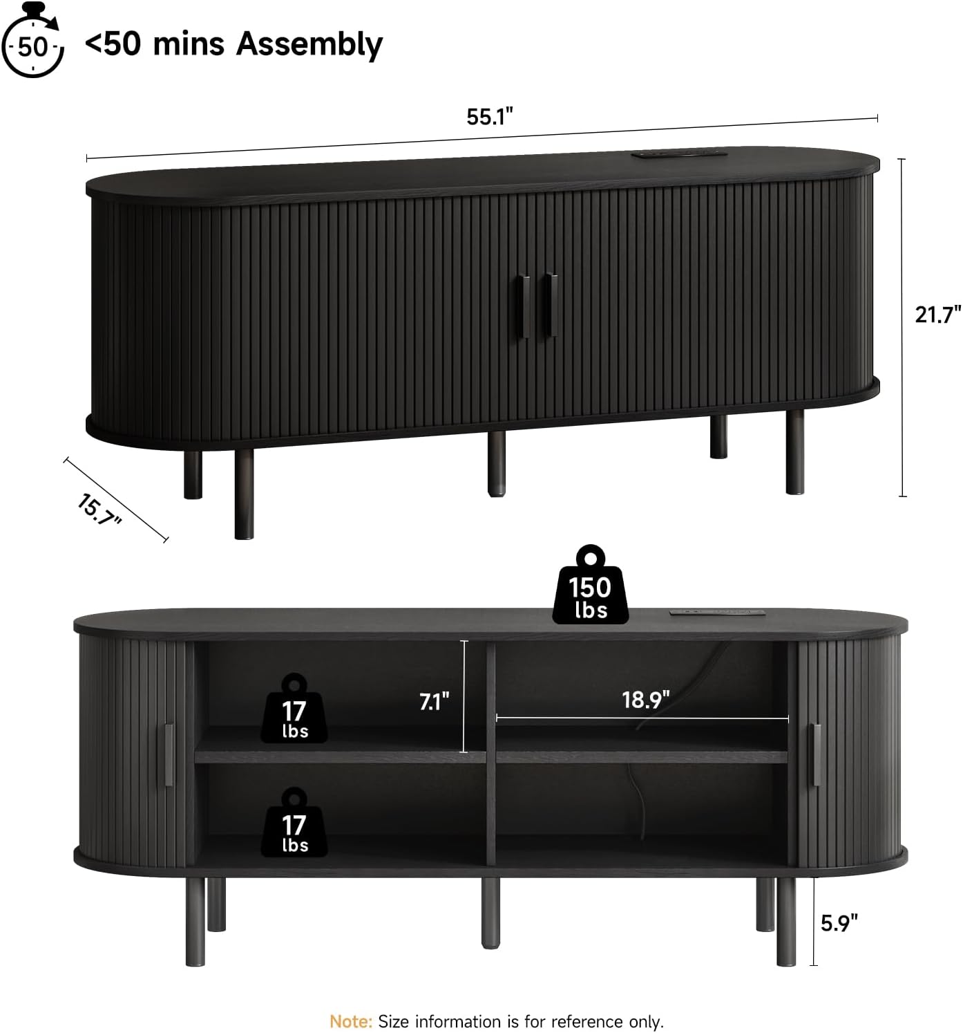 ONBRILL 55" TV Stand with Power Outlet for TVs up to 60 Inch, Entertainment Center with Storage and Adjustable Shelves, Modern Media Console with Sliding Doors for Living Room, Black - Image 2