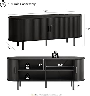 ONBRILL 55" TV Stand with Power Outlet for TVs up to 60 Inch, Entertainment Center with Storage and Adjustable Shelves, Modern Media Console with Sliding Doors for Living Room, Black