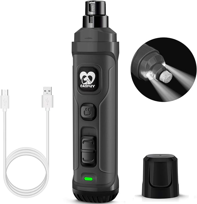 Casfuy Lima de Uñas Eléctrica para Perros con 2 Luces LED - Potente Cortador de uñas eléctrico para Mascotas de 2 velocidades Cuidado y alisado de Patas para Perros y Gatos de Todos los tamaños