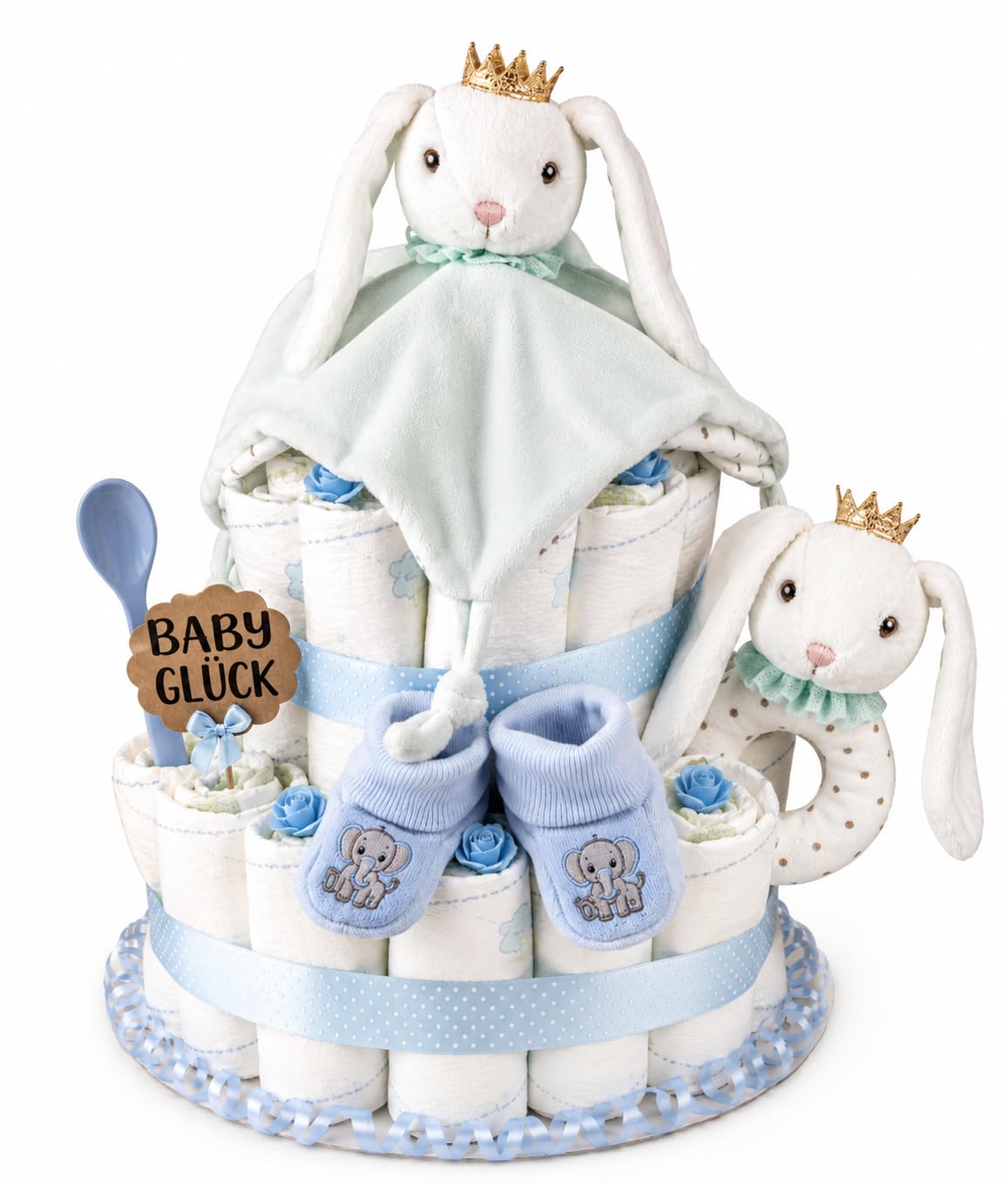 Handgefertigte Windeltorte Junge - Baby Geschenk zur Geburt & Babyparty mit Schmusetuch, Babyrassel, Booties