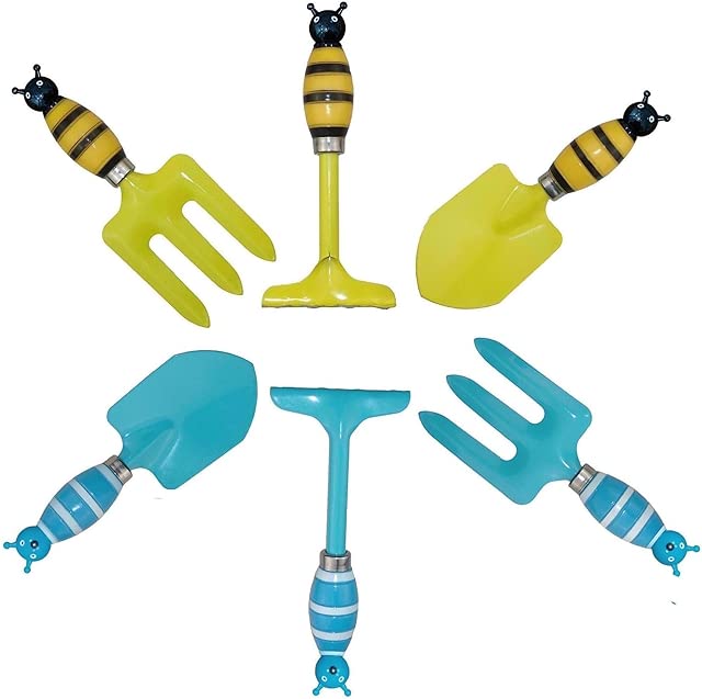Kids Gardening Tool Sets Strip Bee Handle, 6 Pieces (Blue+ Yellow), Mini Small Garden Tool Set Kit for Children, Beach Shovel Sand Play Tool and Toy, Sandbox Shovel and Soil Hand Tool Birthday Gifts
