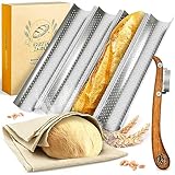 KRUSTENZAUBER Baguette Backform Antihaft inkl. Bäckerleinen u. Bäckermesser - 4er Baguette-Backblech - Ideal als Baguetteblech, Brotbackform, Baguetteform, Baguette Blech, Brot Backen Zubehör