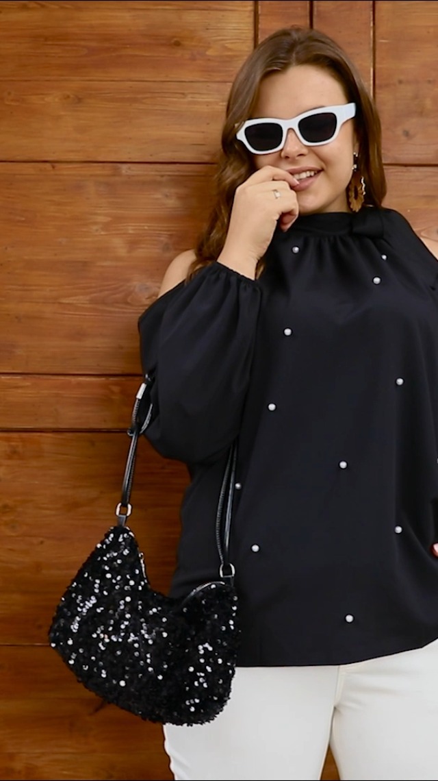 SweatyRocks Women's Plus Size Long Sleeve Cold Shoulder Beaded Top
