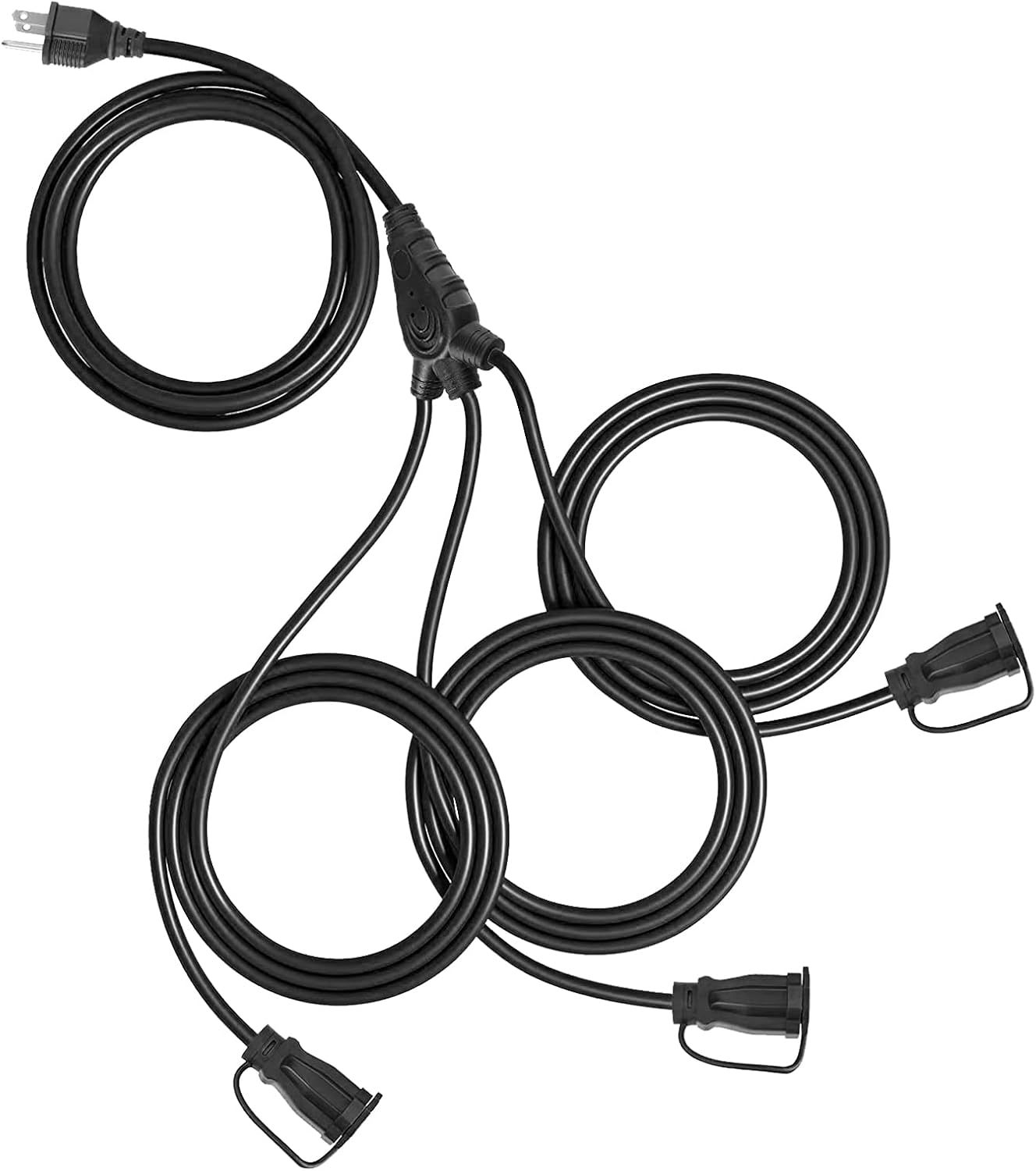 Cable de extensión para exteriores con múltiples tomas, 25 pies, cables de extensión negros de 1 a 3 divisores, cable SJTW 163 resistente a la