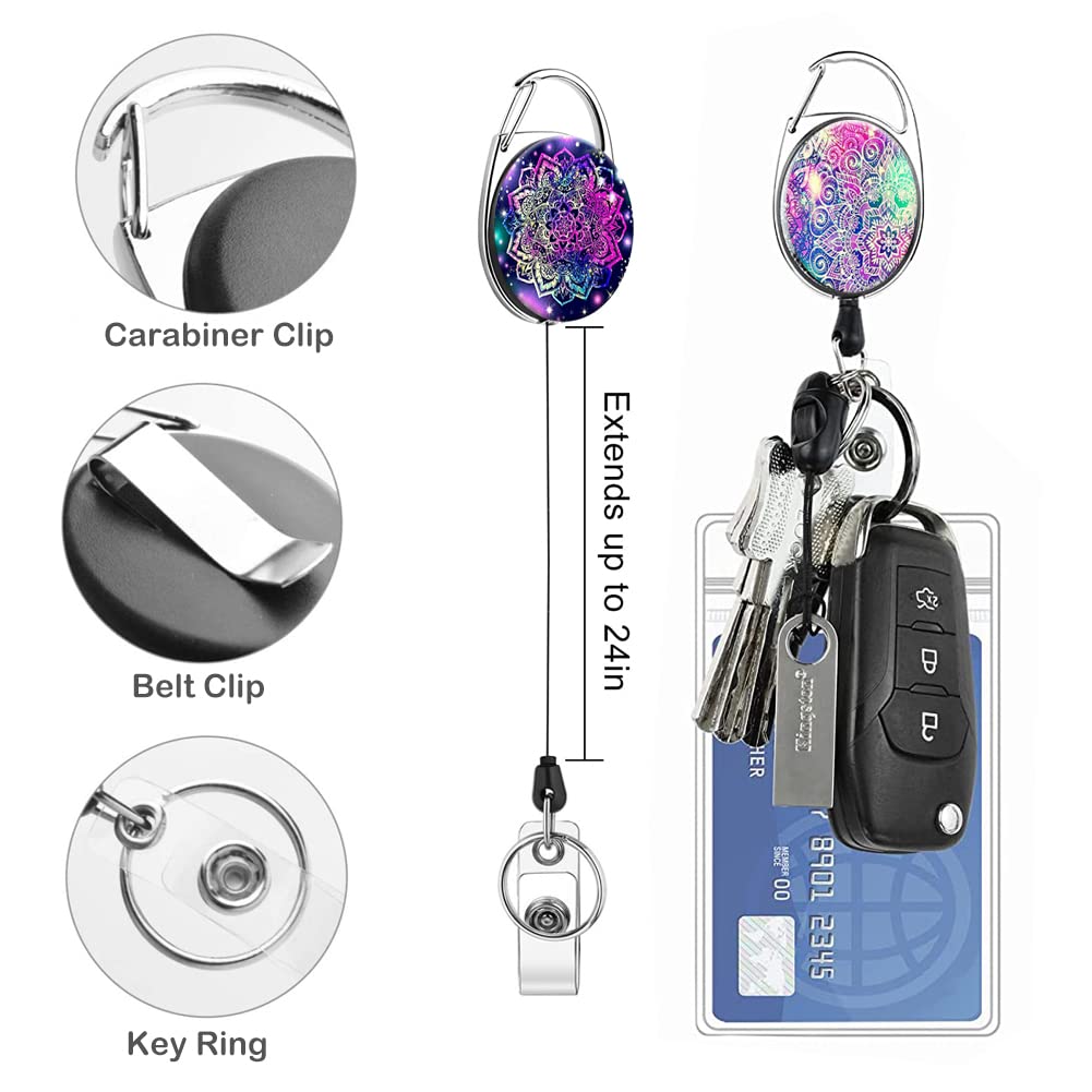 Carrete retráctil resistente con mosquetón para cinturón, llavero, bonito soporte para insignia, carretes de identificación para trabajadores de oficina, médicos, enfermeras, paquete de 3 (Mandala)