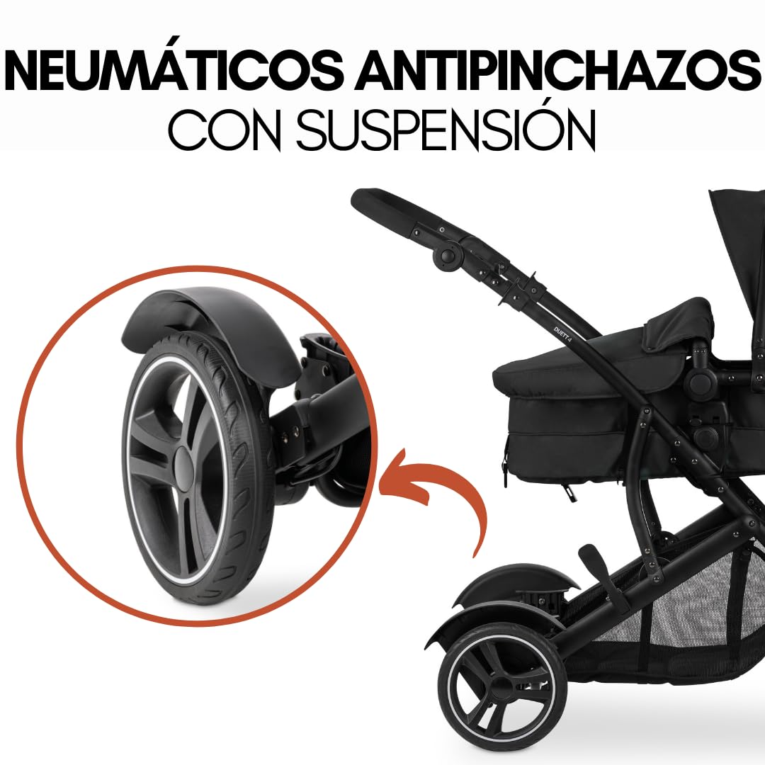 hauck Duett 4 Carrito Bebe Gemelos Reclinable - Carro Doble para 2 Niños - Silla de Paseo Gemelar incl. Cubrepiés y Burbuja de Lluvia - Negro