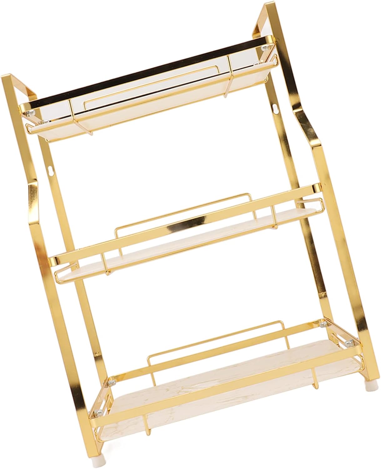 3 Tier Wall Mounted Bathroom Storage Shelf, Corner Organizer for Kitchen Bedroom, White Gold Cosmetic Rack with Removable Tiers