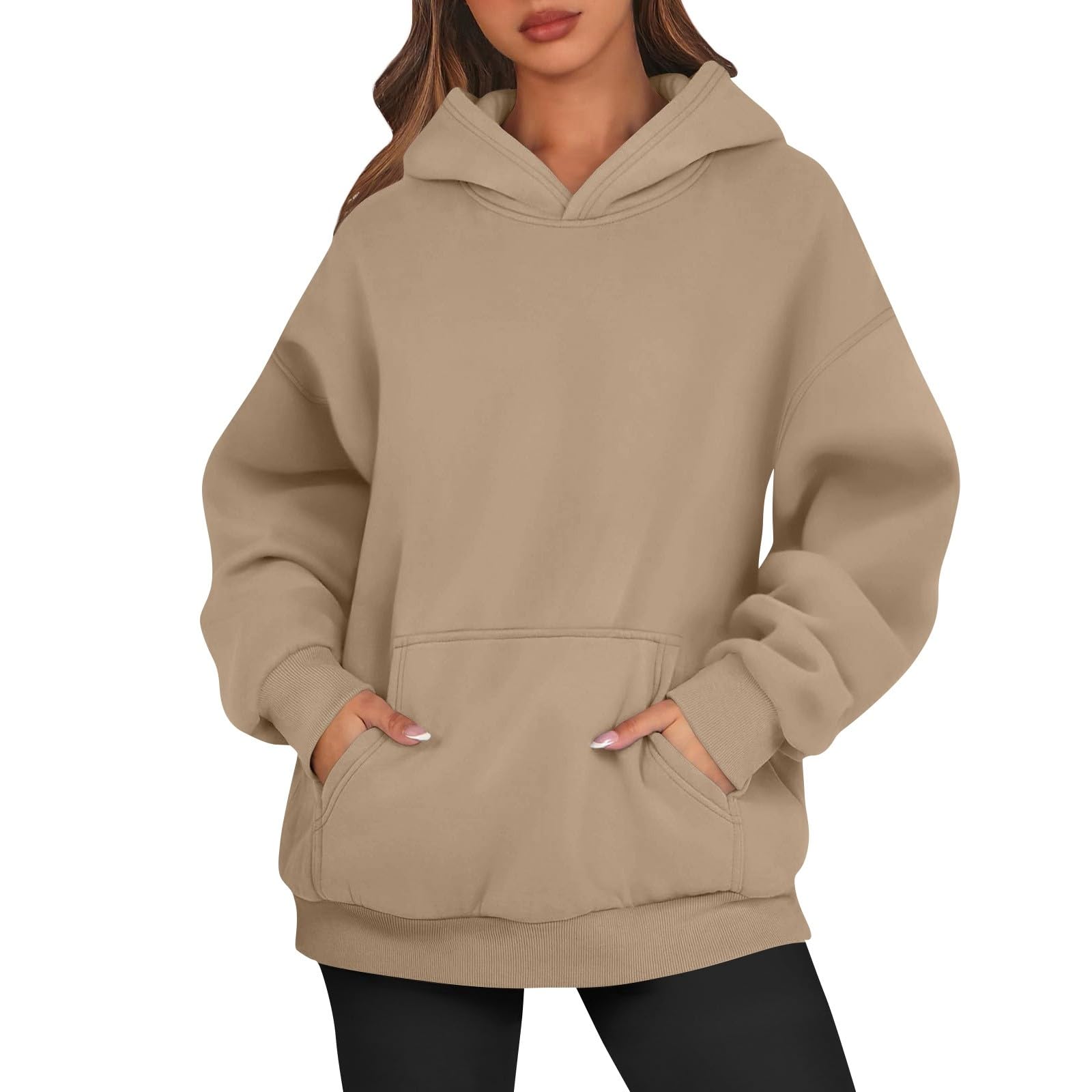 Womens Hoodies Oversized Solid Color Outfits Long Sleeve Cozy Fleece Pullover Tops Fall Hoodies with Pocket