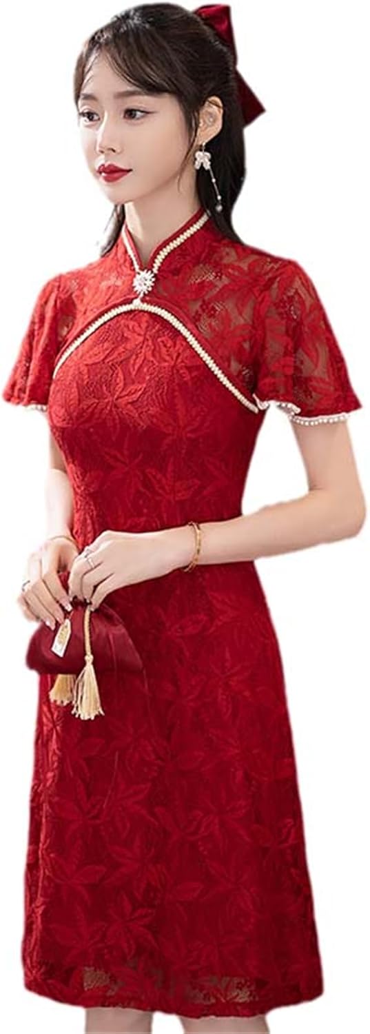 ブライダル結婚式の宴会チャイナドレス中国の伝統的な赤い袍半袖レースのドレス女性の服