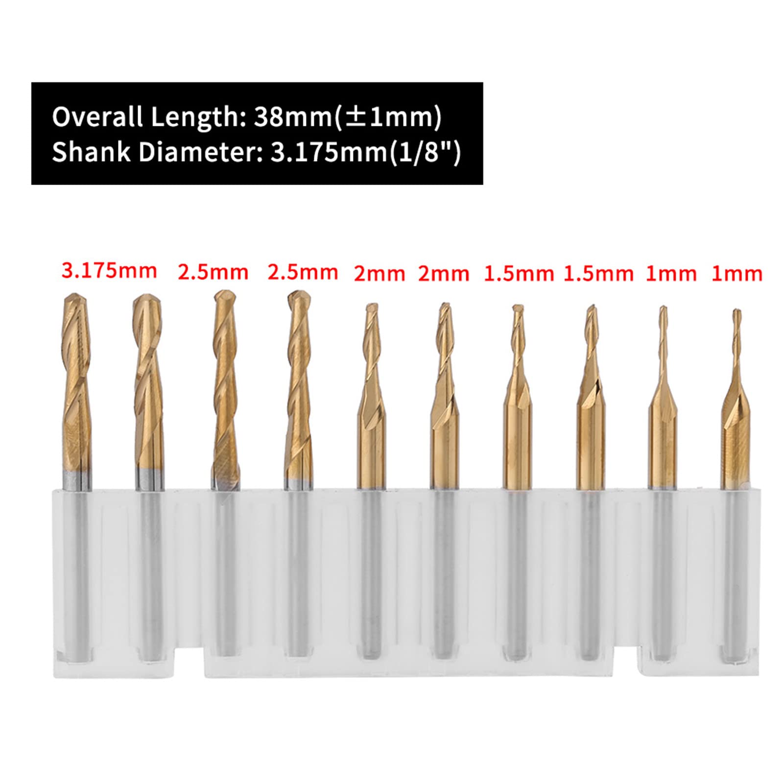 Tungsten Carbide Steel Milling Cutter Set, Coated 10pcs, 3.175mm Shank, 1 * 4 1.5 * 6 2 * 8 2.5 * 12 3.175 * 12mm, Edges, Smooth Process for Circuit Boards, Copper, Stainless Steel