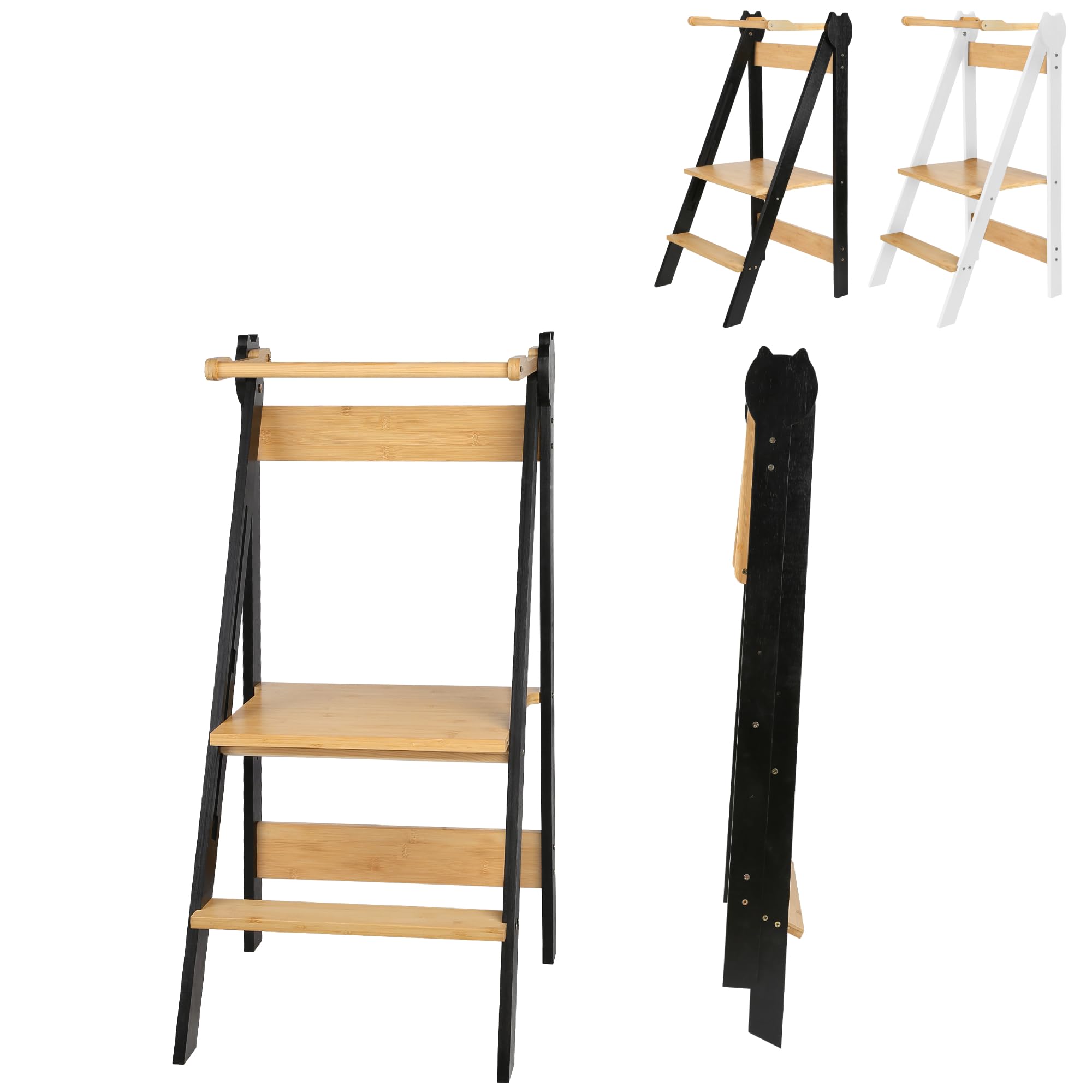 Torre Montessori Pieghevole con Piedi Antiribaltabile Torre di osservazione Montessori con guide di sicurezza Torre di osservazione Bambino Regolabile in Altezza su piani (nero)