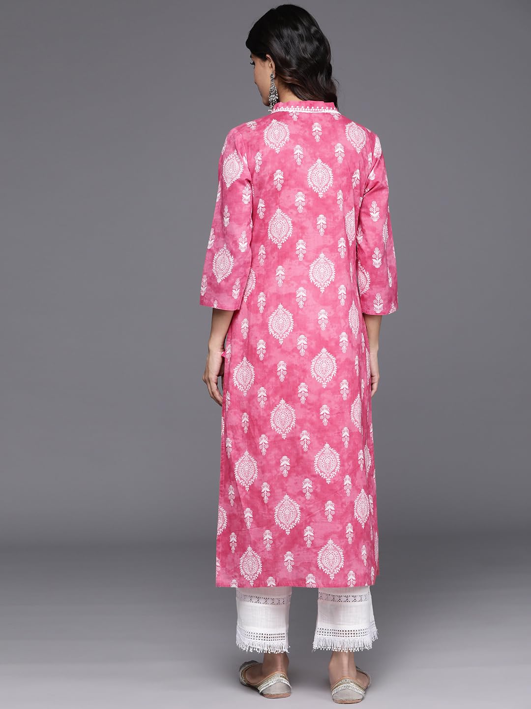 Varanga Women Pink V-Neck Collared Kurta With 3/4Th Sleeves, White Prints & Lace Detailing Around Neck Full Form