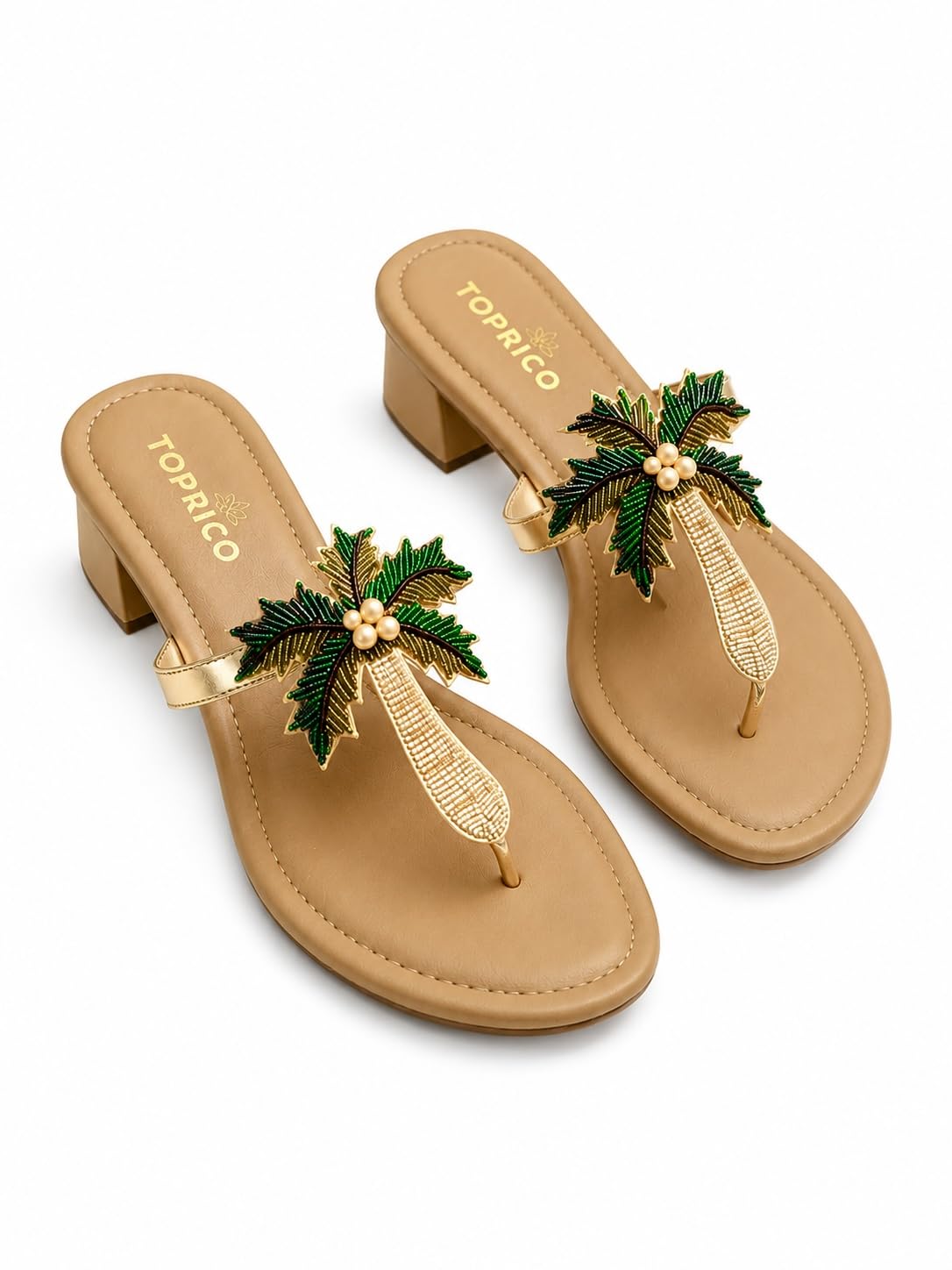 Women Tan Cushion Soft Embroidered Block Heel Sandals Party | 261-image-45