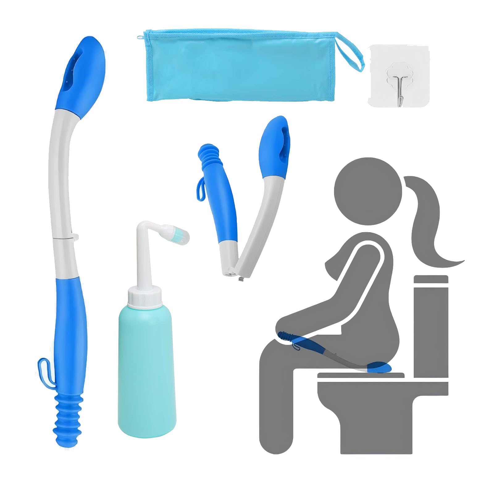 Aiuto per la pulizia, design compatto con manico pieghevole e custodia, strumento per il WC per bambini, anziani, donne incinte, attività all'aperto
