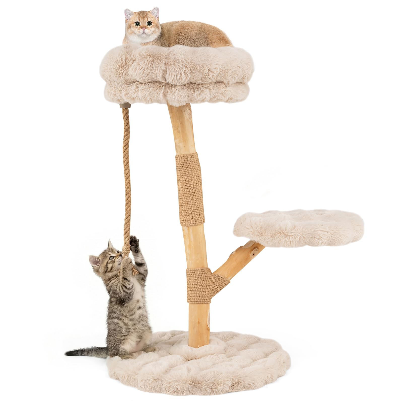 COSTWAY Albero per Gatti 90 cm, Torre Moderna in Legno con Piattaforme, Tiragraffi in Luta Naturale e Corda, Albero Tiragraffi per Animali Domestici (Beige)