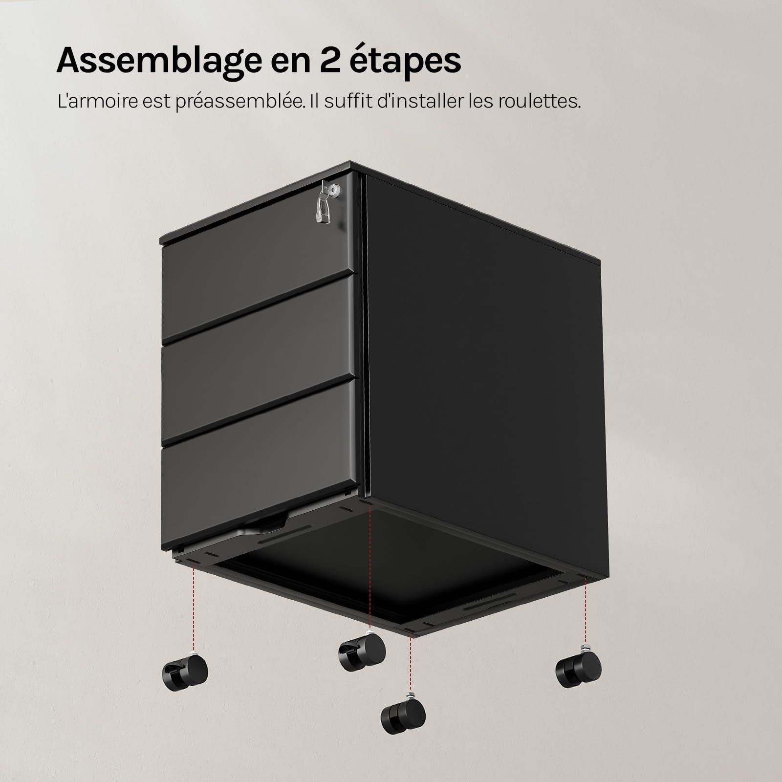 WOLTU Caisson de Bureau, avec Serrures et roulettes, Noir | Caisson de Rangement, pour Bureau Studio, en Métal avec 3 Tiroirs pour Dossiers