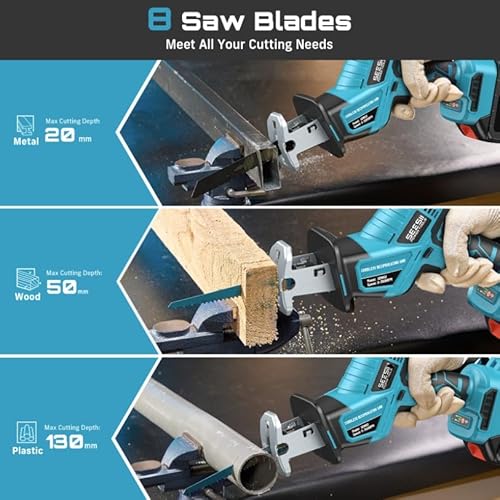 Seesii Reciprocating Saw Cordless, Variable Speed 3500 RPM Brushless Motor with 8 Saw Blades, 2 x 4.0Ah Batteries, LED Light, Tool‑Free Blade Change, Portable for Wood PVC Cutting - Image 4