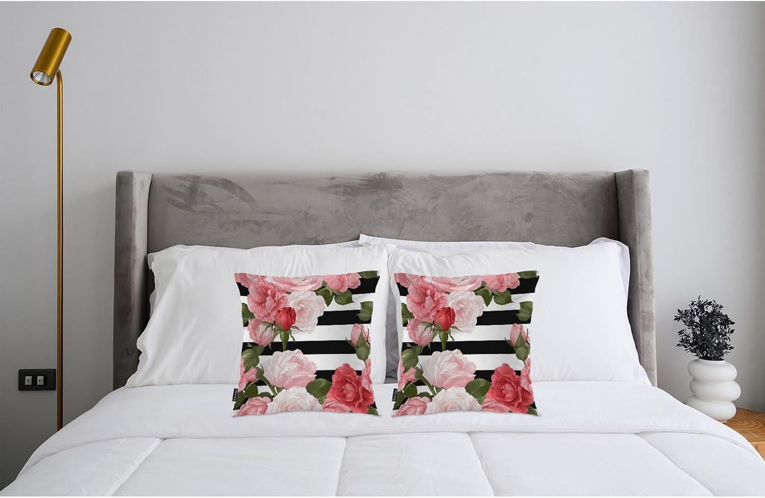 Swono Peony Roses Pillow Covers, Blossom Rose Peony Pink Decorative Pillow Case Home Sofa Cushion Set, Black White Stripes Pillow Cushion Cases for Bed/Patio/Garden/Balcony, 2-Pack, 18x18 Inch