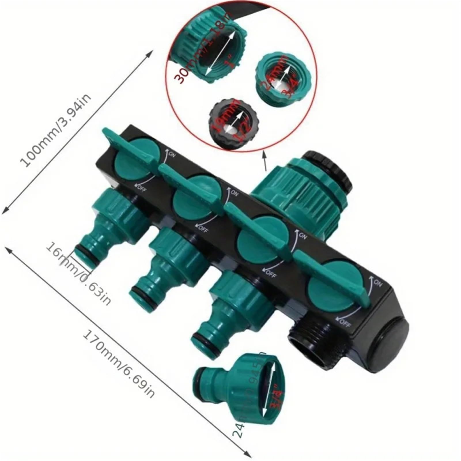 Séparateur de Tuyau d'arrosage à 4 Voies, 2 pièces, Filetage 1 Pouce 3/4 1/2, connecteur d'irrigation en Plastique ABS pour la Cour(Green Black)