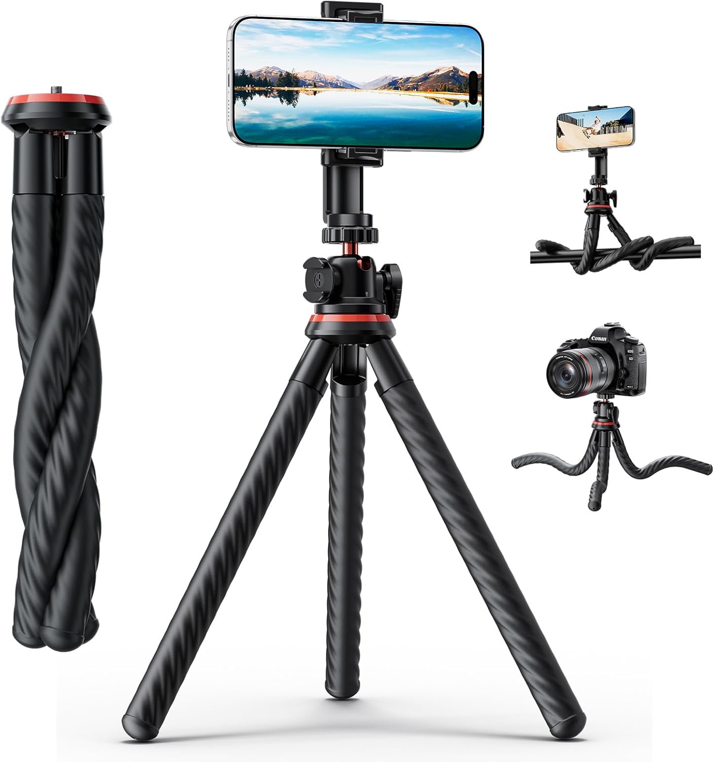 Camera Tripod, gliship Portable Flexible Tripod for iPhone Double 360°Rotation Adjustable Mini Tripod with Hidden Phone Holder Cold Shoe Mount 1/4'' Screw for Camera Phone GoPro Magic Arm