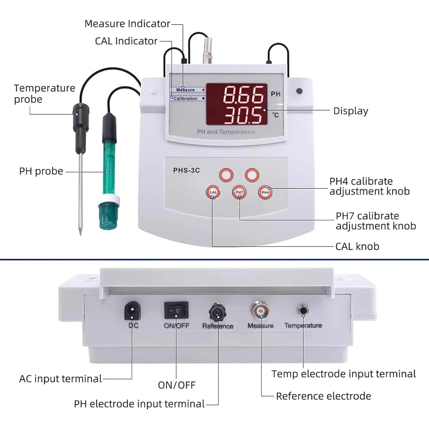 Medidor de pH de laboratorio de sobremesa, medidor digital de pH ±0.01 con electrodos de pH y temperatura, calibración automática de 2 puntos