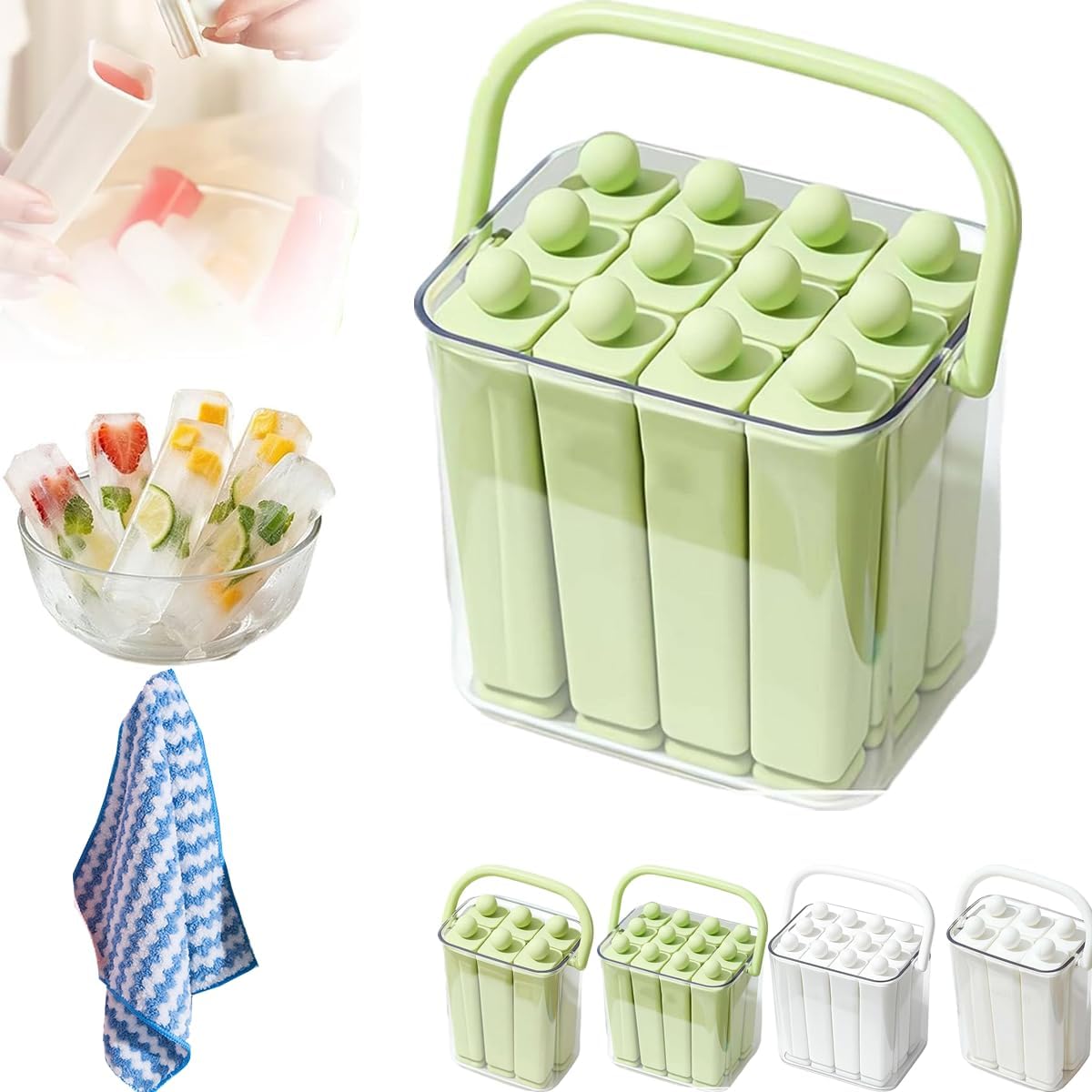 Ice Cubes Reusable, Long Ice Cube Tray with Lid, Silicone Ice Sticks for Water Bottles for Quick Freezing and Easy Removal, Silicone Ice Cube Moulds for Whiskey, Cocktail and Drink、Green、12Pcs