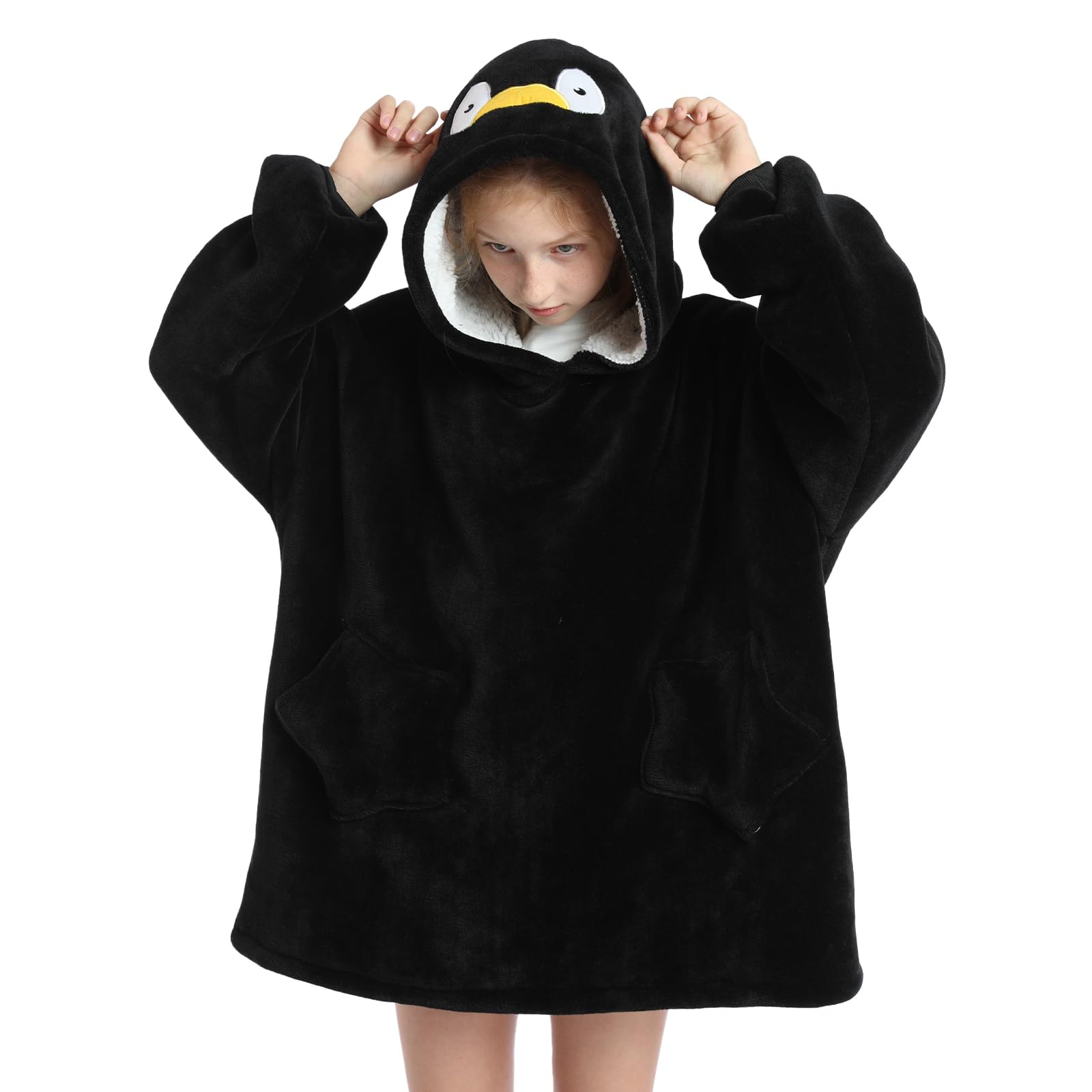 Markdang Wearable Blanket Hoodie for Kids 29.5”Comfy Black Sherpa Hooded Oversize with Penguin Hood Cute & Star Pocket Sweatshirt Blanket for Kids Indoor & Outdoor