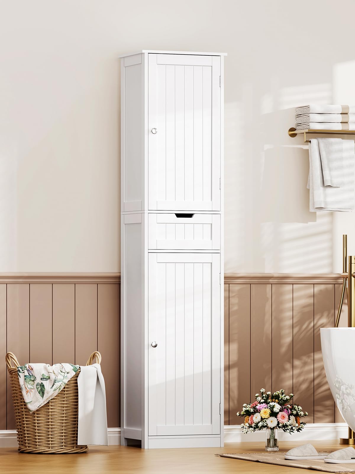 TEENFON Badezimmerschrank Schmal mit voller 40 cm Breite，Badschrank mit 2 Türen und 1 Schublade, Hochschrank mit Verstellbaren Regalen für Badezimmer, Wohnzimmer, Flur, Küche, 40x30x170 cm, Weiß