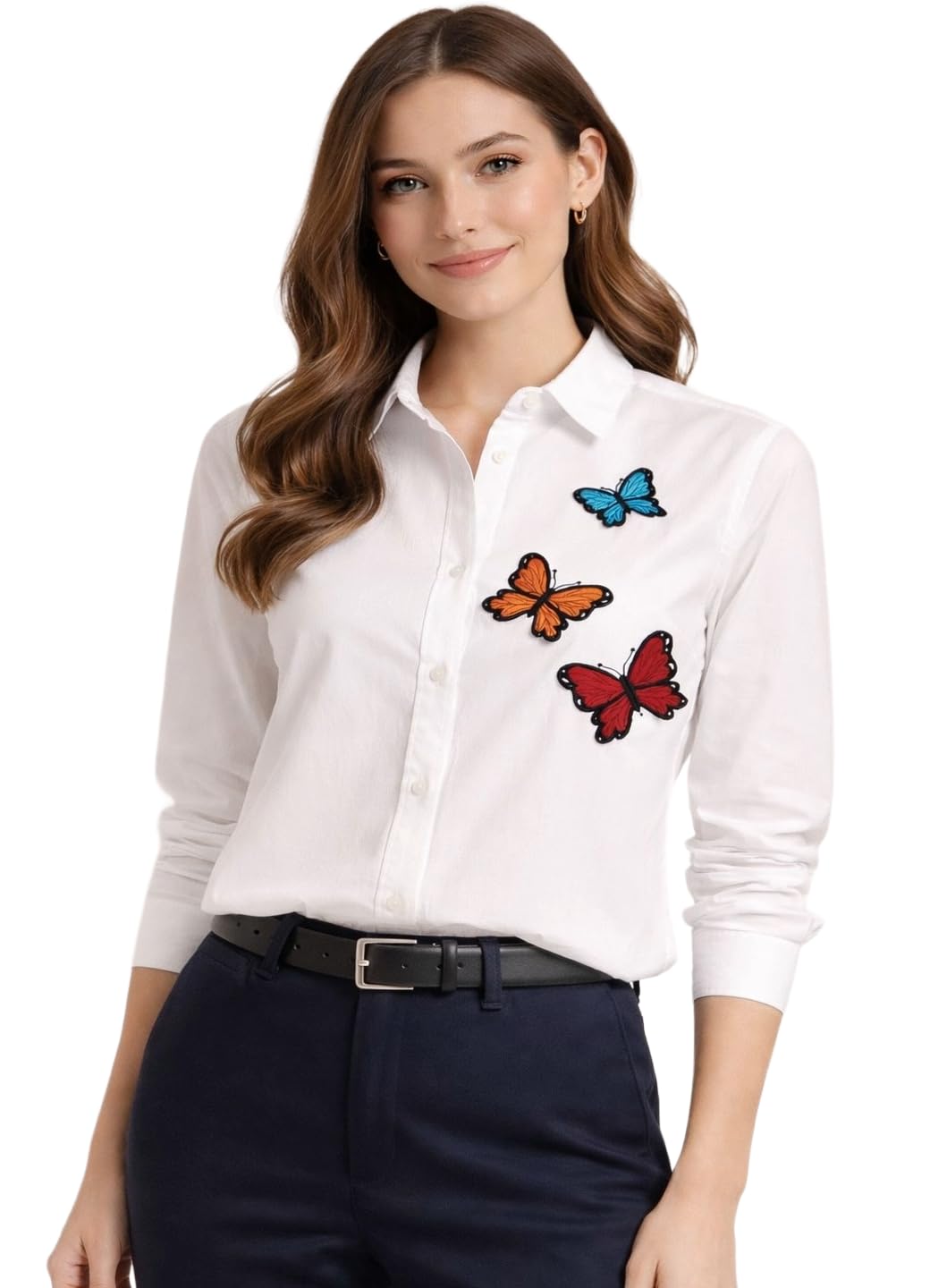 HiloRill Women’s White Cotton Embroidered Shirt | Formal Office Wear Button Down Shirt for Women | Premium Silk Thread Embroidery Workwear Top Full Sleeve