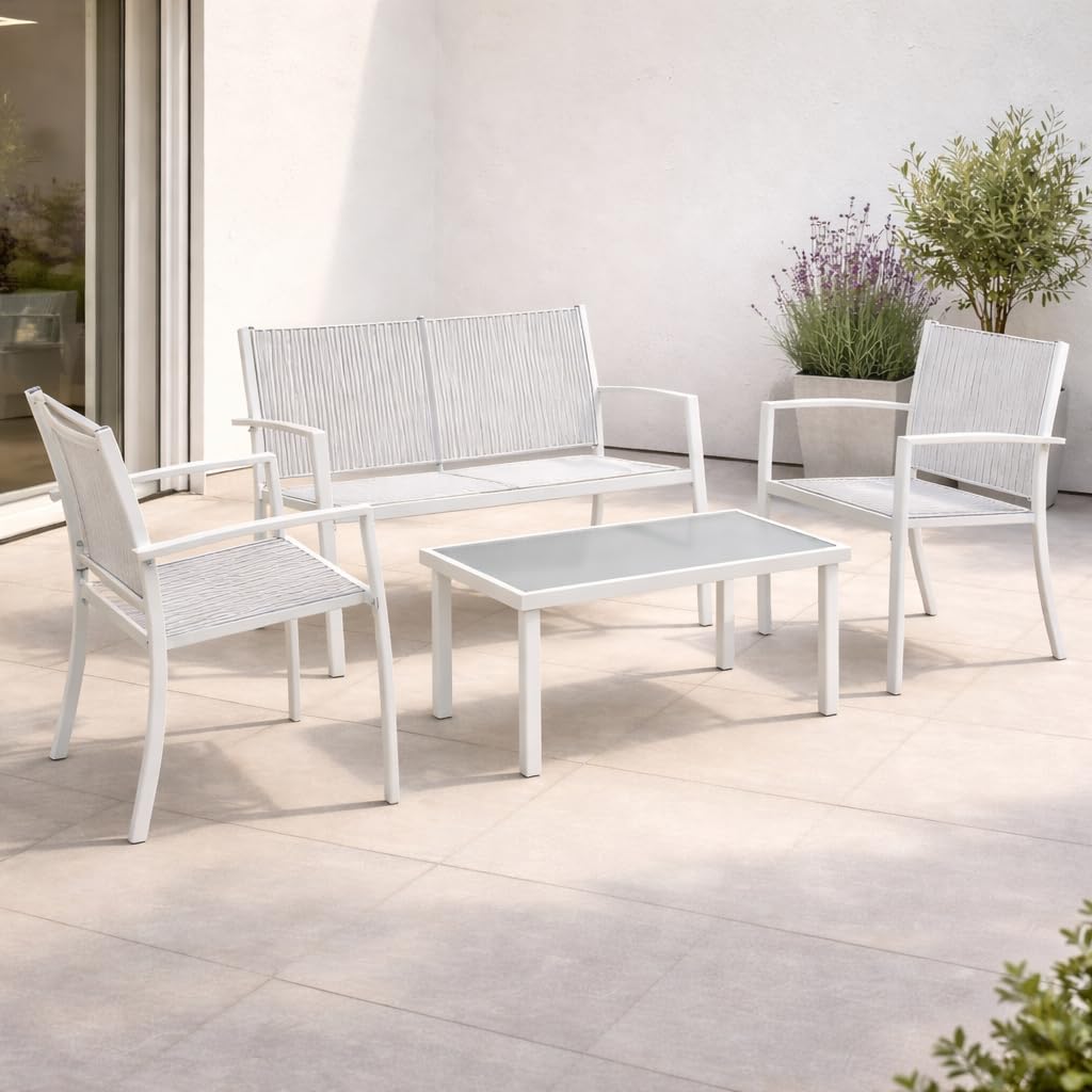 Set Salotto da Giardino 4 Pezzi, Divano 2 Posti, 2 Poltrone e Tavolino in Vetro Temperato, Mobili da Esterno in Metallo e Textilene per Terrazzo Balcone Patio (Bianco)