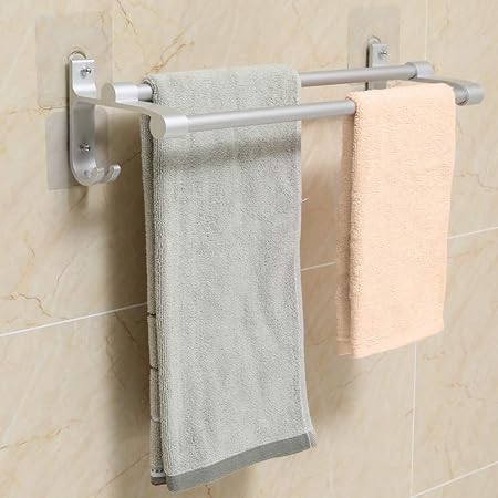 Hawsam Sin Taladrar Doble Toallero de Baño - Barra de Toallas Adhesivo de Aluminio Toalleros de Almacenamientos con 2 Ganchos (1 Pieza)